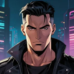 a cyberpunk mafia boss with slicked back hair, in a cyberpunk setting, comic book art, cyberpunk, art by stan lee, pen drawing, inked, colorful, bright high tech lights, dark, moody, dramatic, deep shadows, marvel comics, dc comics