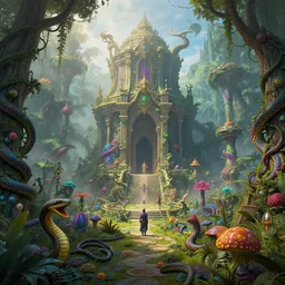 a beautiful and highly detailed matte painting of a lost elven temple in a magical fantasy garden in a lush forest, thick mist, sunlight, celtic, psychedelic, snakes, vines, epic scale, insanely complex, hyperdetailed, sharp focus, hyperrealism, artstation, cgsociety, 8 k, bright colors, by caspar friedrich, albert bierstadt, james gurney, brian froud,