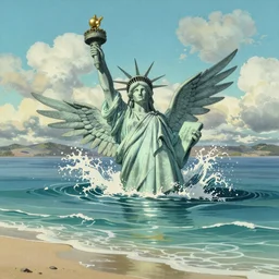 Australian beach, statue of liberty sinking in to the water, clouds and wings and waves, by studio ghibli painting, by Joaquin Sorolla rhads Leyendecker, An aesthetically pleasing, dynamic, energetic, lively, well-designed digital art of a beach, ripples, waves, sea foam, light and shadow, ocean caustics, overlaid with aizome patterns, by Ohara Koson and Thomas Kinkade, traditional Japanese colors, superior quality, masterpiece