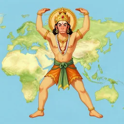 an illustration of hanuman stretching over two continents