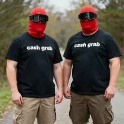 ethan van sciver hanging out with a short stocky guy who wears a red ski mask over his face with black ski goggles, cargo shorts and a plain black t - shirt that says cash grab