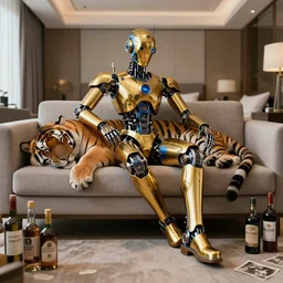 portrait photo of a shiny golden and blue metallic futuristic steampunk humanoid robot and a tiger sleeping on a sofa in a modern hotel room, many bottles on the floor, pressphoto, insanely detailed, wide shot