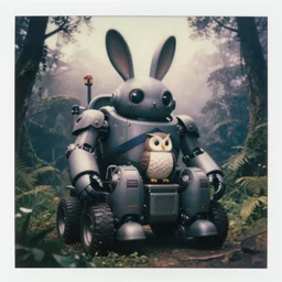 dark night oversized battle rabbit robot chubby fatmech trailer wheels vehicle with big ears with rabbit and owl! sitting inside, in jungle forest peak, full body, nighttime, cinematic focus, polaroid!! photo, vintage, neutral dull colors, soft lights, foggy, overcast by oleg oprisco, by thomas peschak, by discovery channel, by victor enrich, by gregory crewdson