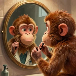 lofi monkey in front of a mirror reflecting expression of a human face, symmetrical hands, doctors mirror, Pixar style by Tristan Eaton Stanley Artgerm and Tom Bagshaw, high detail