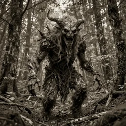 an incredibly scary and very very unique creative monster of the forest, ancient folk legend, hyperrealistic concept art, sepia photography in the forest