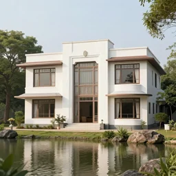 a beautiful art deco house with large windows, on a lake, surrounded by trees and rocks, in central india, by alex webb, by gregory crewdson, featured on architecture daily, shot on large format film, grainy, cinematic composition, beautiful volumetric lighting, no frames