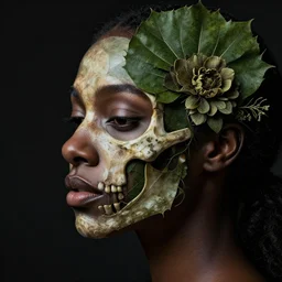 a beautiful black woman's face in profile made of leaf and floral skeleton, in the style of the dutch masters and gregory crewdson, dark and moody, 8 k, matte, intricate detail, hyper detailed, surrealism