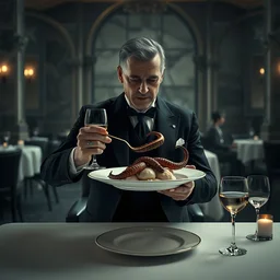 dune movie concept art aristocrat in elegant black suit eating dish with cooked sandworm on a plate, restaurant with marble interior, wine glass, soft lighting, dark color scheme, art by gary jamroz simon goinard henrik sahlstrom devon cady - lee, white tablecloth, volumetric lighting, octane render, commission art, 8 k resolution