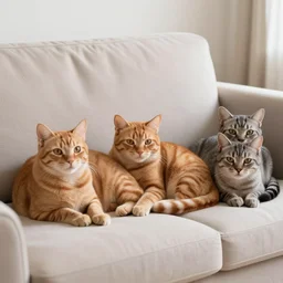 three orange tabby cats and two grey tabby cats relaxing in the sunshine in a living room