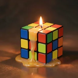 a lit melting wax candle rubik's cube