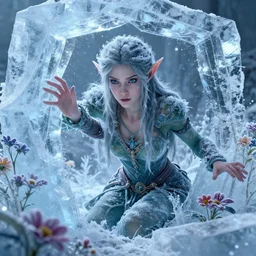 a fantasy elf woman trapped and frozen trying to get out of a block of clear ice, with frozen flowers around her, treding artstation, greg rutkowski, cinema 4 d, cinematographic
