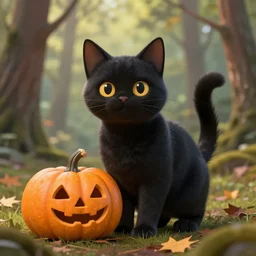 beautiful black cat with a pumpkin in the woods ” beautiful dreamscape, digital art, concept art, detailed, lovely colors, art station, 3 - d 4 k, beautiful background, matte painting,,