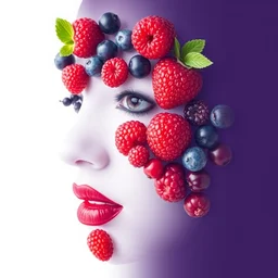 a face made with berries, it looks like a human face, made with different color berries, it looks like halle berry!