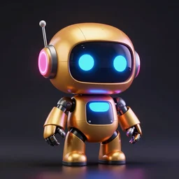 gold blue pink black cute robot glowing , 3D render, dark smooth background, studio lighting, vivid colors, unreal engine
