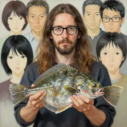 a german guy with very long brownish! hair, with glasses and very - short beard holding a flounder fish! painting by yoji shinkawa, alphonse murac, craig mullins, sui ishida, yoshikata amano, collaborative painting, very detailed and high quality, 4 k, 8 k, artstation