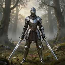 helmeted female warrior wielding two swords wearing full body knight!! armor, forest plains of yorkshire, misty forest, elden ring, dark souls, good value control, digital painting, sharp focus, rule of thirds, 4k, centered, muscular body type, magic hour photography, atmospheric, moody colors, Anette Haellmigk cinematography