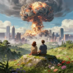 a couple sitting on top of a rock covered floral serene hillside watching a nuclear explosion in a distant city with skyscrapers, a detailed matte painting by beeple and thomas kinkade, apocalyptic sky, sharp focus, anime asthetic, cgsociety, fantasy art, cinematic, artstation hq, vfxfriday, dystopian art