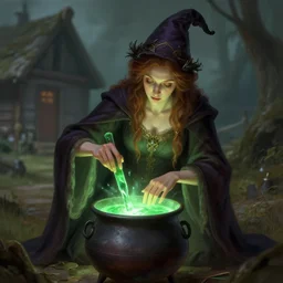 Epic portrait an witch brewing green liquid from cauldron, Blurry cabin backround, glowing, digital painting, artstation, concept art, soft light, hdri, smooth, sharp focus, illustration, fantasy, intricate, elegant, highly detailed, D&D, matte painting, in the style of Greg Rutkowski and Alphonse Mucha and artemisia, 8k, highly detailed, jurgens, rutkowski, bouguereau, pastoral, rustic, georgic
