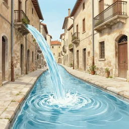 water flowing through the streets in an old city, drawing by moebius