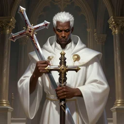 a highly detailed illustration of sadistic white haired tanned african priest wearing white robe, wielding bloody cross sword, gothic church background, intricate, elegant, highly detailed, centered, digital painting, artstation, concept art, smooth, sharp focus, league of legends concept art, wlop