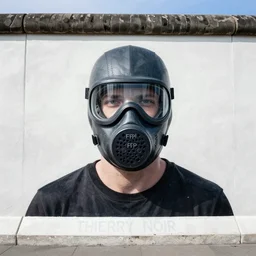 mural by thierry noir on the berlin wall, wearing ffp!!! 2 masks, photorealistic