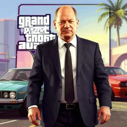 Olaf Scholz in Grand Theft Auto 5 cover art, epic, 4k resolution, extremely detailed, very sharp, artstation, digital art, vibrant,