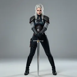 full body beatiful Ciri from the witcher holding her sword with both hands, attractive pose, cinematic, wallpaper
