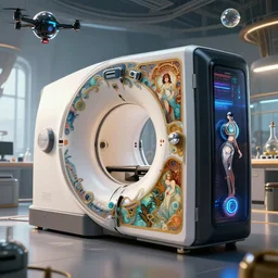 ( cyberpunk 2 0 7 7, bladerunner 2 0 4 9 ), a beautiful elegant computer case cybernetic symbiosis hybrid mri 3 d printer machine making a bio chemical lab, shiny knobs art by artgerm and greg rutkowski and alphonse mucha, amazing, fantastic, natural light in room, drone camera lens orbs, global illumination, octane render, architectural, f 3 2,