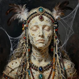 a portrait of a mummified woman, ritualistic burial, pagan empress with closed eyes, decorated with beads and feathers and twigs, cobwebs, photorealistic, beautiful hyper realistic painting, detailed portrait