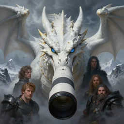 white dragon, long lens, close up, greg rutkowski, drark, marvel comics, dark, plutus su and chris scalf and lucas graciano and billy christian, symmetrical, snowy mountains, atmospheric haze, blue eye, grey and gold color palette, painting, d & d, fantasy, detailed, realistic, complimentary colors, light, artstation, cinematic, dramatic lighting, close up, storm clouds