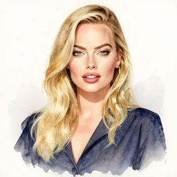 Beautiful detailed watercolor medium shot of Margot Robbie by Bill Sienkiewicz, trending on pinterest