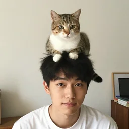 a young man with a cat sitting on top of his head