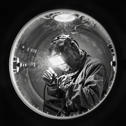 welder in welding mask inside a cryogenic suspension pod, ominous lighting, by richard avedon, tri - x pan stock