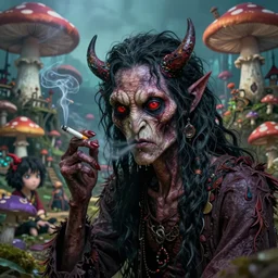 4 k headshot portrait of a psychedelic demonic anthropomorphic wendigo smoking a hand - rolled cigarette smoking heavily, magic mushroom village in background. award winning. superb resolution. in the art style of junji ito and greg rutkowski. detailed mushroom city in background. hyper realistic anime. perfect art. dalle 2