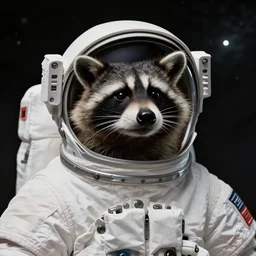 realistic photo by annie liebovitz of a raccoon dressed as an astronaut wearing a space helmet, muted low contrast color palette, look of wonder, space background