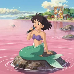 the little mermaid sings in the pink sea, kamakura scenery, the feeling of summer, unreal engine, fantasy art by greg, loish, rhads, ferdinand knab, makoto shinkai and lois van baarle, ilya kuvshinov, rossdraws, tom bagshaw, alphonse mucha, trending onstudio ghibli, highly detailed