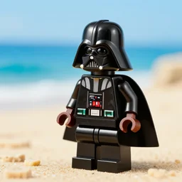 a 8 k photo of a lego darth vader at the beach his leg is stuck in the sand at sunset