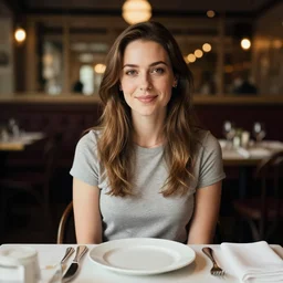 stephanie seymor portrait, sitting down behind table, restaurant, photography,
