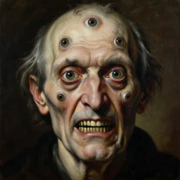 ascii, hyperrealism oil painting, close - up portrait of a scary old man with ten eyes and mandibles, in style of baroque zdzislaw beksinski
