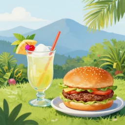 painting of pina coladas in hurricane glasses and home made hamburgers in a garden, mountains in background, golden hour, cinematic lighting, in the style of van gogh and claude monet