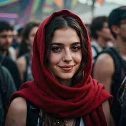 a ultra high resolution close - up of a beautiful young woman standing in crowd of psytrance music festival, looking down at the camera, face is partially obscured by a red scarf, and she has a smiling expression. the light is dim, and the colours are muted, kodak etkar 1 0 0,