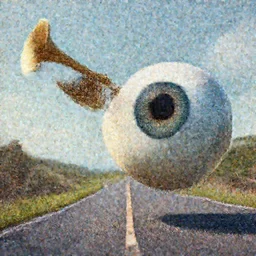 A single giant eyeball floating and bouncing down the road while playing a trumpet. digital art, highly detailed