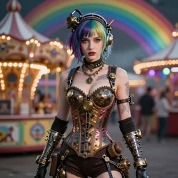 photorealistic render of a curiosities carnival, single dollpunk model posing in a full steampunk corset, cyberpunk dyed haircut, looking at camera, symmetry accurate features, focus, rainbow lighting, very intricate details, award winning masterpiece, by tom bagshaw