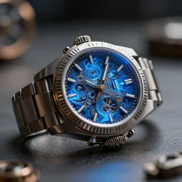 a futuristic steampunk watch lying on a table, high detail, sharp focus, glowing blue interior components, fractal detail, depth of field, bokeh, cinematic lighting and composition, by syd mead and greg rutkowski and android jones, rolex