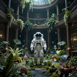 masterpiece trending on artstation, An astronaut alone inside an empty dark flooded ballroom overgrown with aquatic plants, by Greg Rutkowski Thomas Kincade, concept art, 4k cinematic beautiful lighting