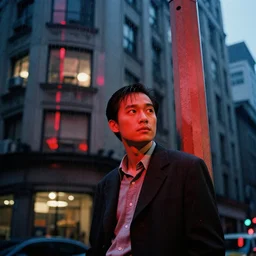 outdoorsy guys club likes to look at the exteriors of urban architecture onion column shot by christopher doyle wong kar-wai film texture reflection through lit windows with slight drizzle trickling from them high definition film cinematography quality red blue