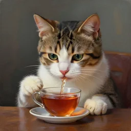 Kitten drinking tea, dramatic scene, masterpiece digital painting by Greg Rutkowski, Alex Grey, artstation, 4k wallpaper