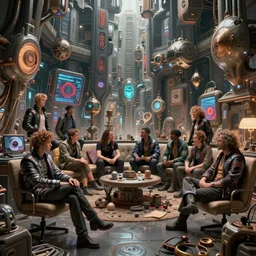 beautiful cyberpunk people sitting around a messy room, character portrait, ultra realistic, sci fi city, wide angle, intricate details, the fifth element artifacts, highly detailed by peter mohrbacher, hajime sorayama, wayne barlowe, boris vallejo, aaron horkey, gaston bussiere, craig mullins
