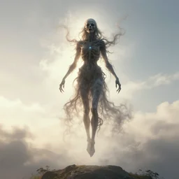 overdetailed maximalist fullbody portrait of a disturbing terrifying skinny floating entity transcending to smoke while floating over a mountinside. Made by oozium. Artstation. Cosmichorror Deviantart 8k 3d realistic render. Bright, sacred, spiritual, dawn, backlit, calm, relaxed, dynamic, ethereal, arcane, intricate, mysterious, dramatic, cinematic. Photorealistic render. Morning lights. Seen from below. Surreal color palette. Omnious lights.