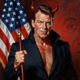 satanic ronald regan, painting in the style of norman rockwell, 1 9 5 0 s, evil, satan, devil, demonic, demon, hyperrealistic, photorealistic, award - winning, 4 k, ultra hd, artstation, intricate, highly detailed, patriotic, american, usa, dark, gritty